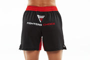 Rear View of man wearing black and red Fighters Choice Everlasting Fight Shorts, with the Fighters Choice logo on the back of the pant, that elite fighters use to look sharp on the BJJ mat