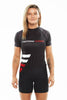Woman wearing black Fighters Choice Takeover Short Sleeve Rashguard, for both men and women, with the Fighters Choice name and logo on the front, the best apparel for Gi/NoGi BJJ fighters