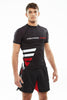 Man wearing black Fighters Choice Takeover Short Sleeve Rashguard, with the Fighters Choice name and prominent logo on the front, the best apparel for Gi/NoGi BJJ fighters