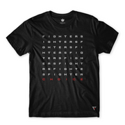 Limited edition, Fighters Choice black Fighters Word Search Tee, front view, that reads Fighters Choice, for BJJ fighters and athletes