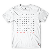 Limited edition, Fighters Choice white Fighters Word Search Tee, front view, that reads Fighters Choice, for BJJ fighters and athletes