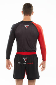 Man wearing Fighters Choice Gi/NoGi Bloody Arm Long Sleeve Rashguard for Men, Women and BJJ Fighters