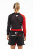 Red and black design, Fighters Choice logo, Gi/NoGi Bloody Arm Long Sleeve Rashguard for Men, Women and BJJ Fighters