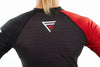 Red and black design, Fighters Choice logo, Gi/NoGi Bloody Arm Long Sleeve Rashguard for Men, Women and BJJ Fighters
