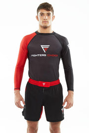 Man wearing Fighters Choice Gi/NoGi Bloody Arm Long Sleeve Rashguard for Men, Women and BJJ Fighters