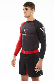 Man wearing Fighters Choice Gi/NoGi Bloody Arm Long Sleeve Rashguard for Men, Women and BJJ Fighters